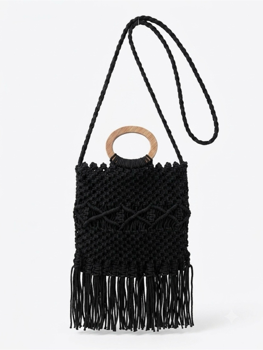 Danielle Nicole Black Macramé Fringe Shoulder Bag with Wooden Handle